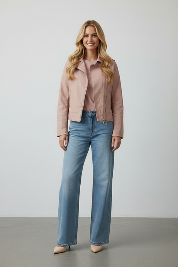 Tavaszi Kabát – Púder Rózsaszín Motoros Stílusban