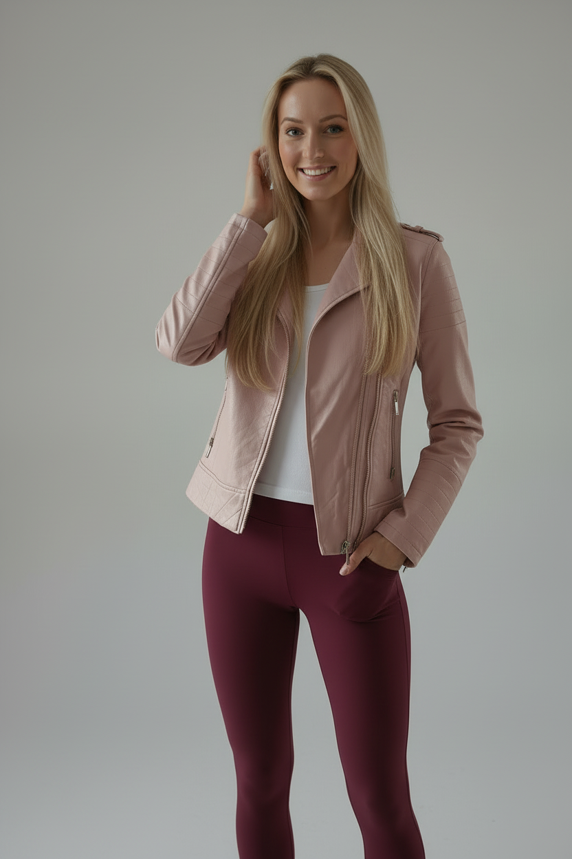 Tavaszi Kabát – Púder Rózsaszín Motoros Stílusban