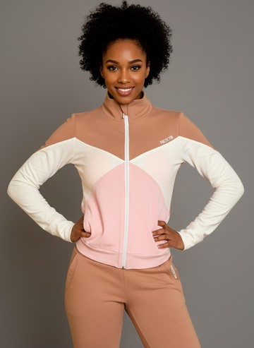 HERMIONE1-60/19 Púderrózsaszín, homokbarna és fehér színű cipzáras pulóver