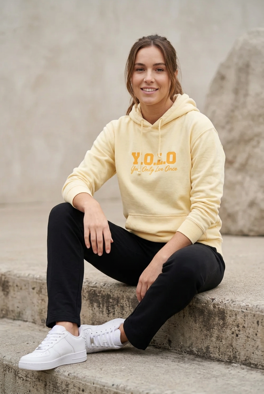 ZYGI yolo-014-krémsárga bő pamut kapucnis pulóver