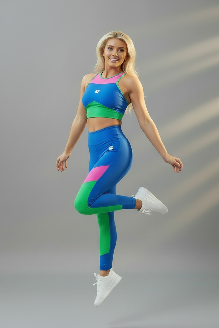 WENDY-43 crop női felső, királykék-zöld-pink betétekkel