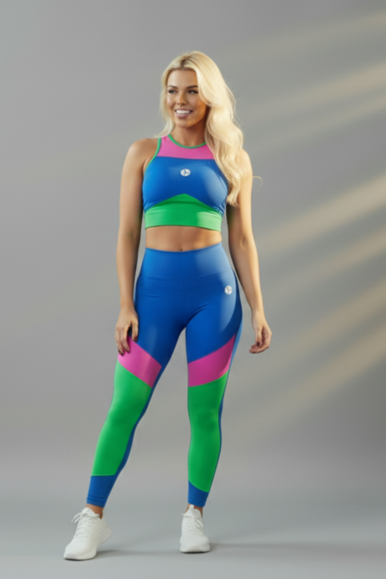 WONKA-43-Női sportleggings – kék, zöld és pink színblokkokkal