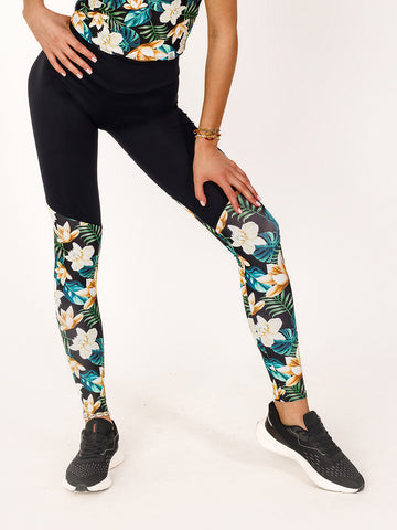 GENOVIA-01 fekete magas derekú virágos aljú leggings