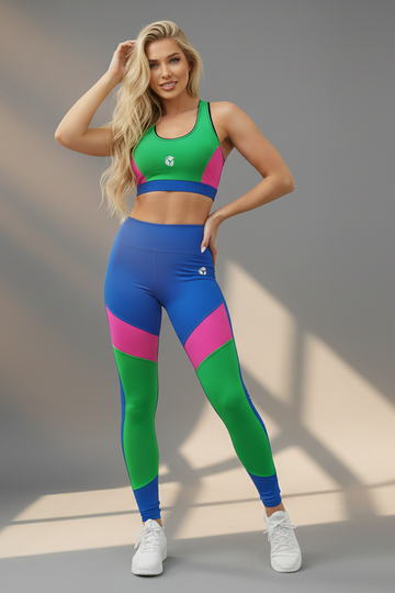 WONKA-43-Női sportleggings – kék, zöld és pink színblokkokkal